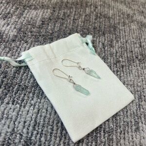 Natural Aquamarine Quartz Silver Dangle Hook Hand-Wrapped Crystal Earrings✨